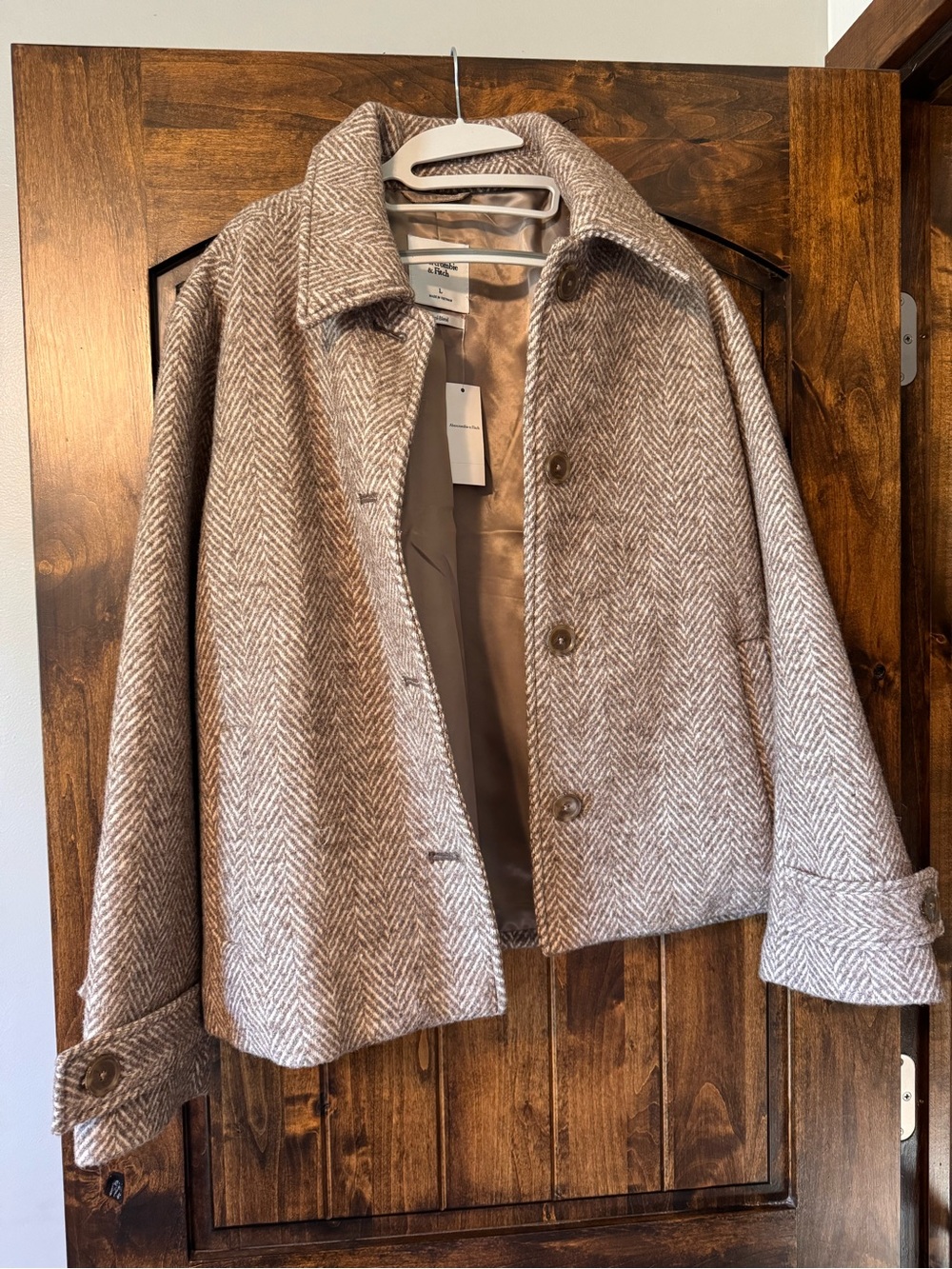 Abercrombie and Fitch Womens Herringbone Wool-Blend Coat Jacket in Light Brown
